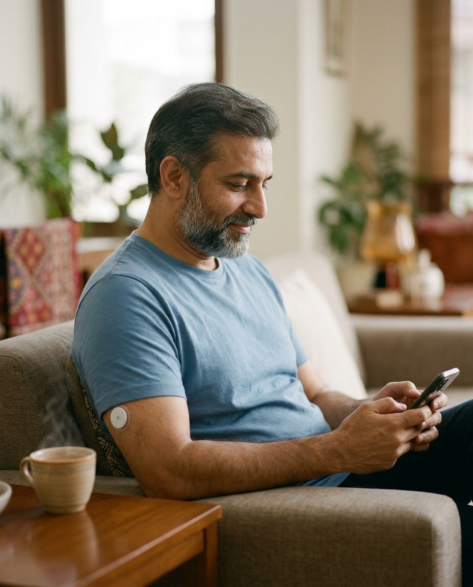 Man relaxing on a sofa at home, checking his phone, with a CGM sensor on the back of his upper arm