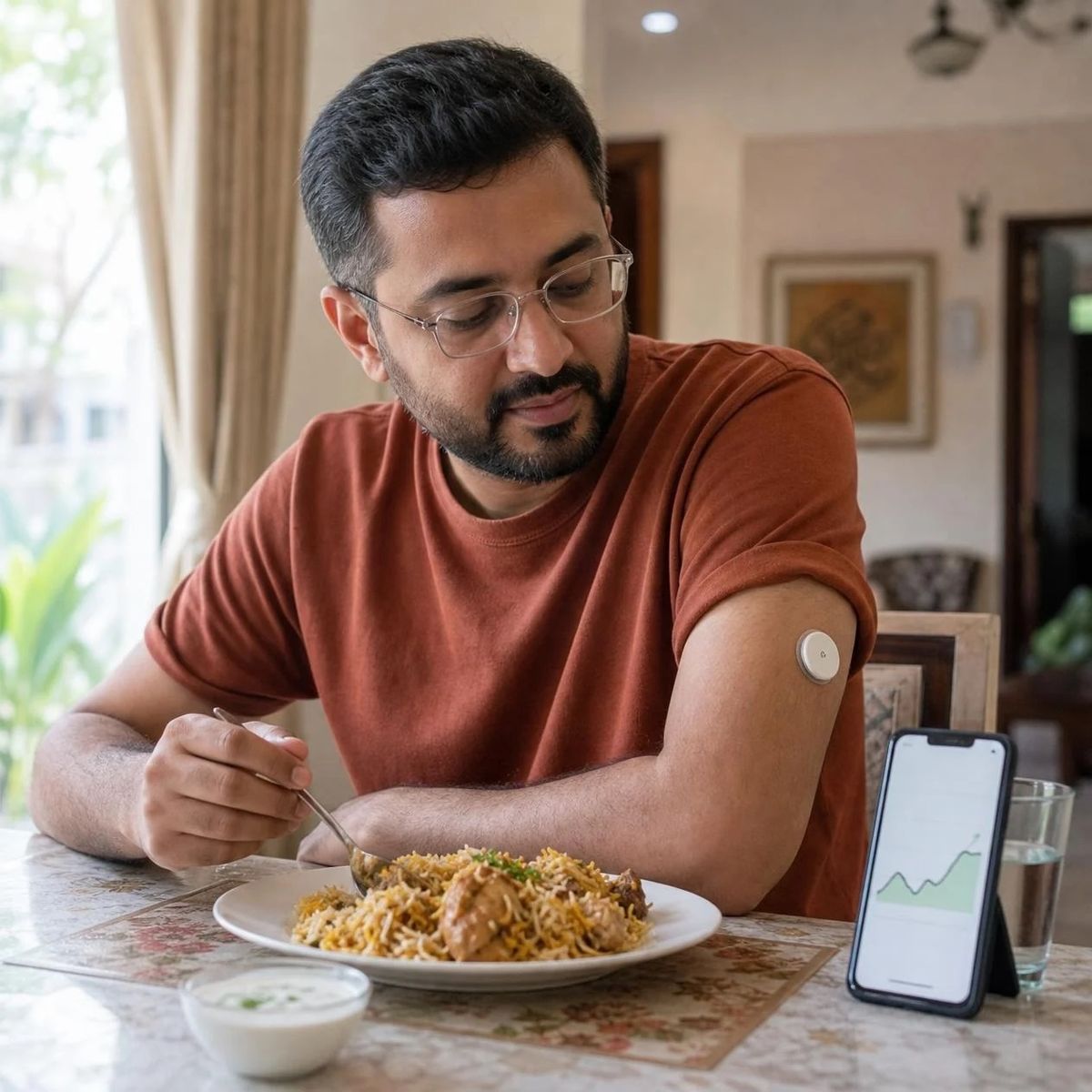 Man wearing a CGM sensor on his upper arm eating biryani at home, with his phone showing his glucose trend