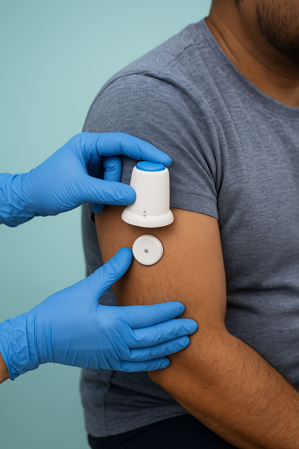 CGM sensor being applied to the back of the upper arm